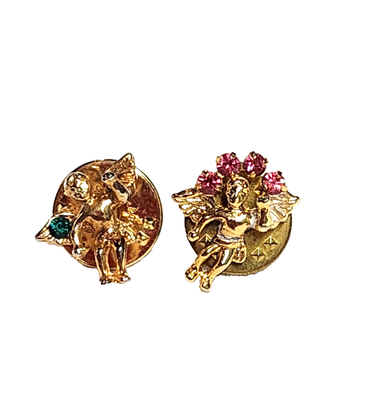 Lot Of 2 Vintage Guardian Angel Cherub Pins Pink & Green Rhinestones Gold Tone