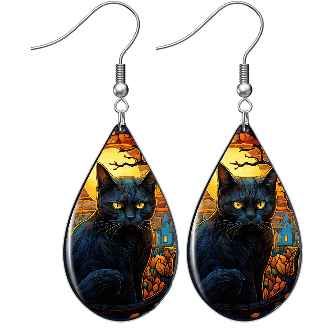 Black Cat at Sunset Earrings Wood Teardrop Dangle Sterling Black Cat Mom Jewelry