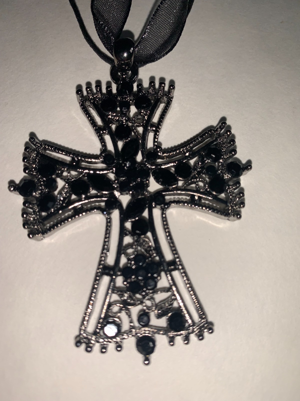 Gothic Black Cross Pendant Necklace Gunmetal Rhinestone Victorian Style Jewelry