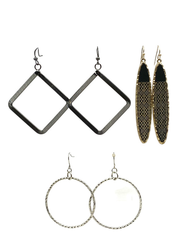 3 Pr Fashion Earrings Lot Silver-Gold-Gunmetal Tones Geometric Boho Drop Dangle