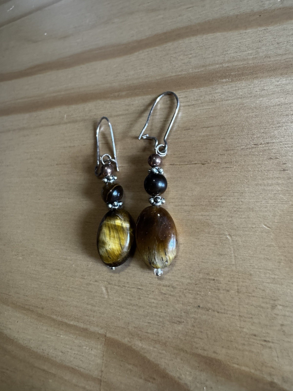 Handmade Tiger’s Eye & Hematite Leverback Dangle Drop Earrings Silver Brown/Gold