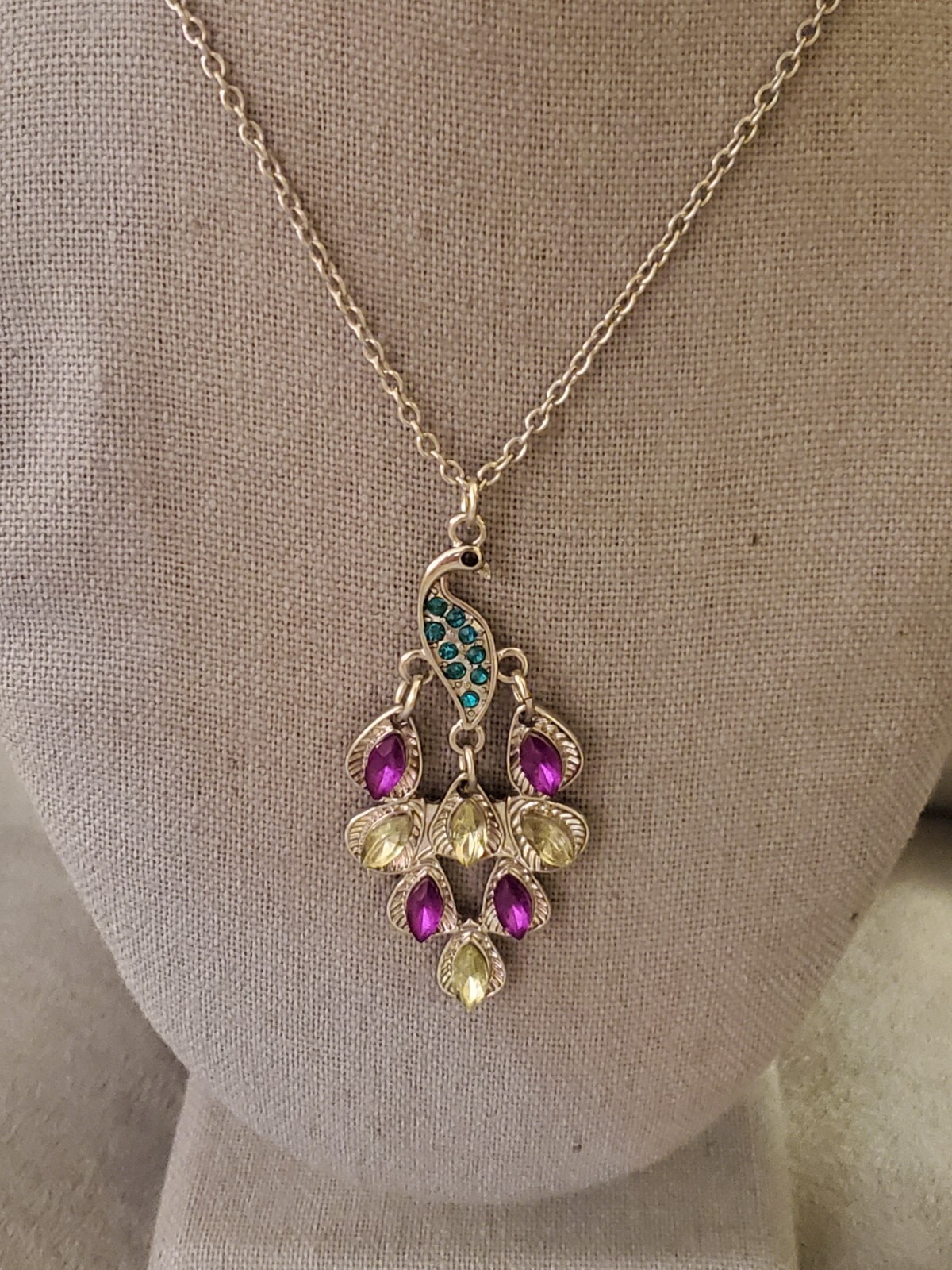 Adult Jewels Peacock Pendant Necklace Signed Rhinestone