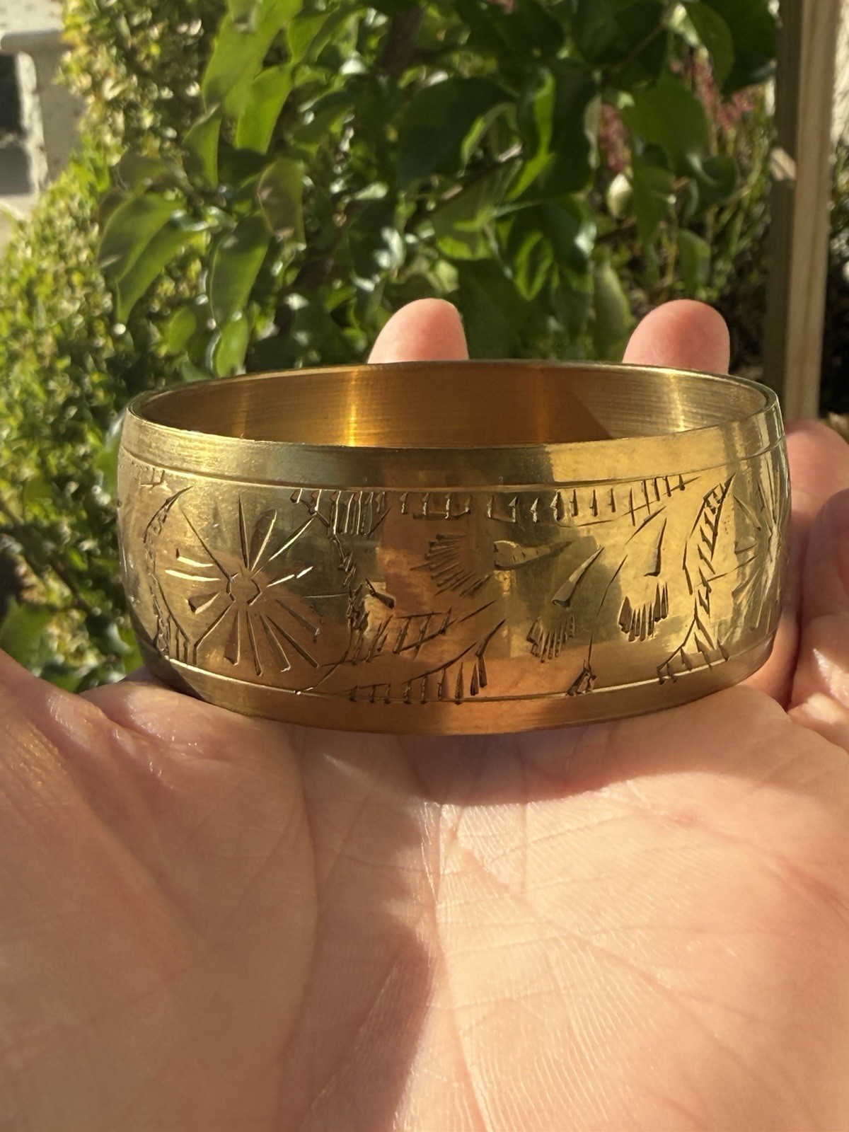 Vintage Wide Solid Brass Bangle Bracelet Floral Etched For Average Wrist