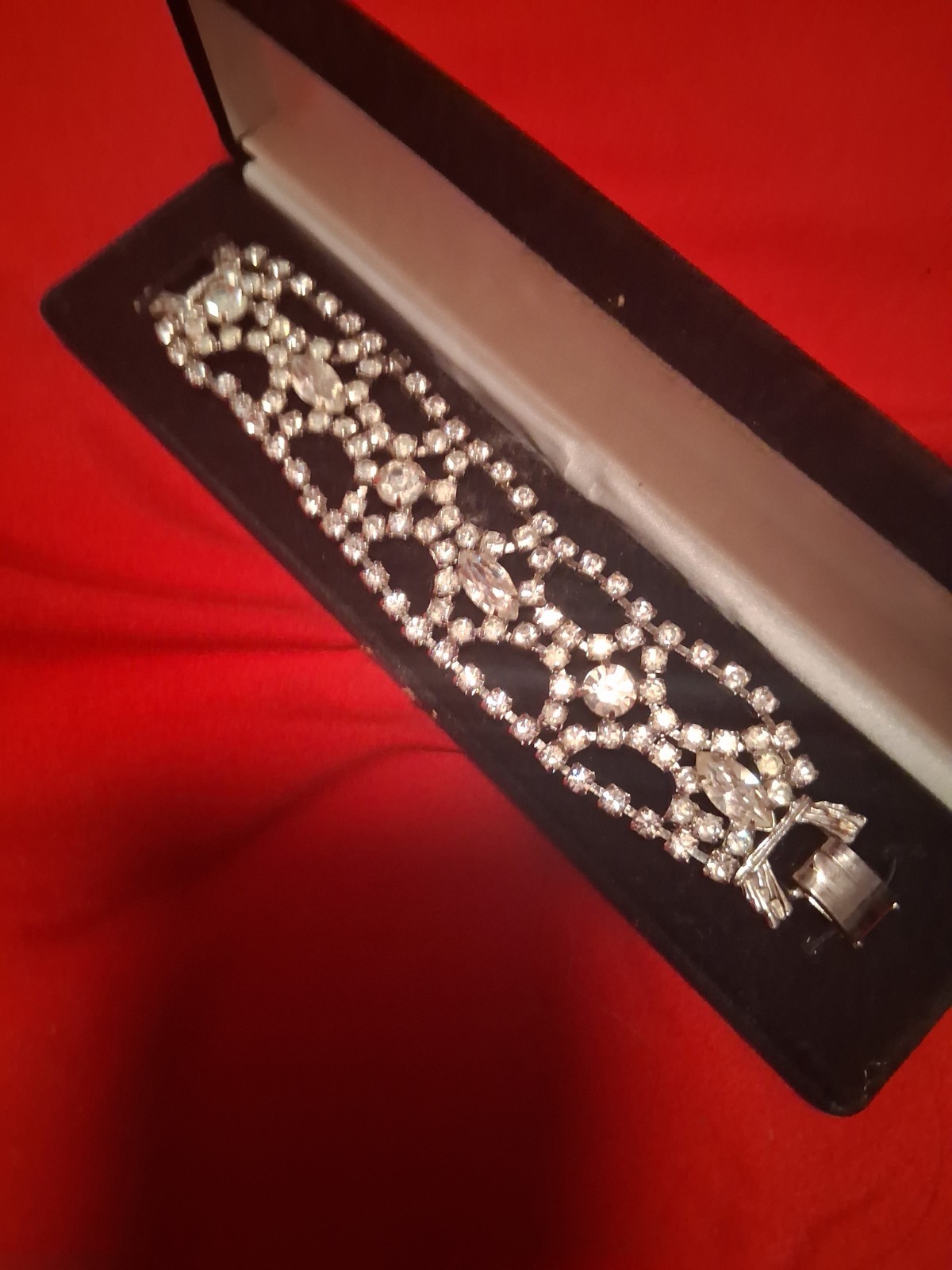 The Brandy Mint Silver Tone Clear Rhinestone Tennis Bracelet Box Clasp Signed