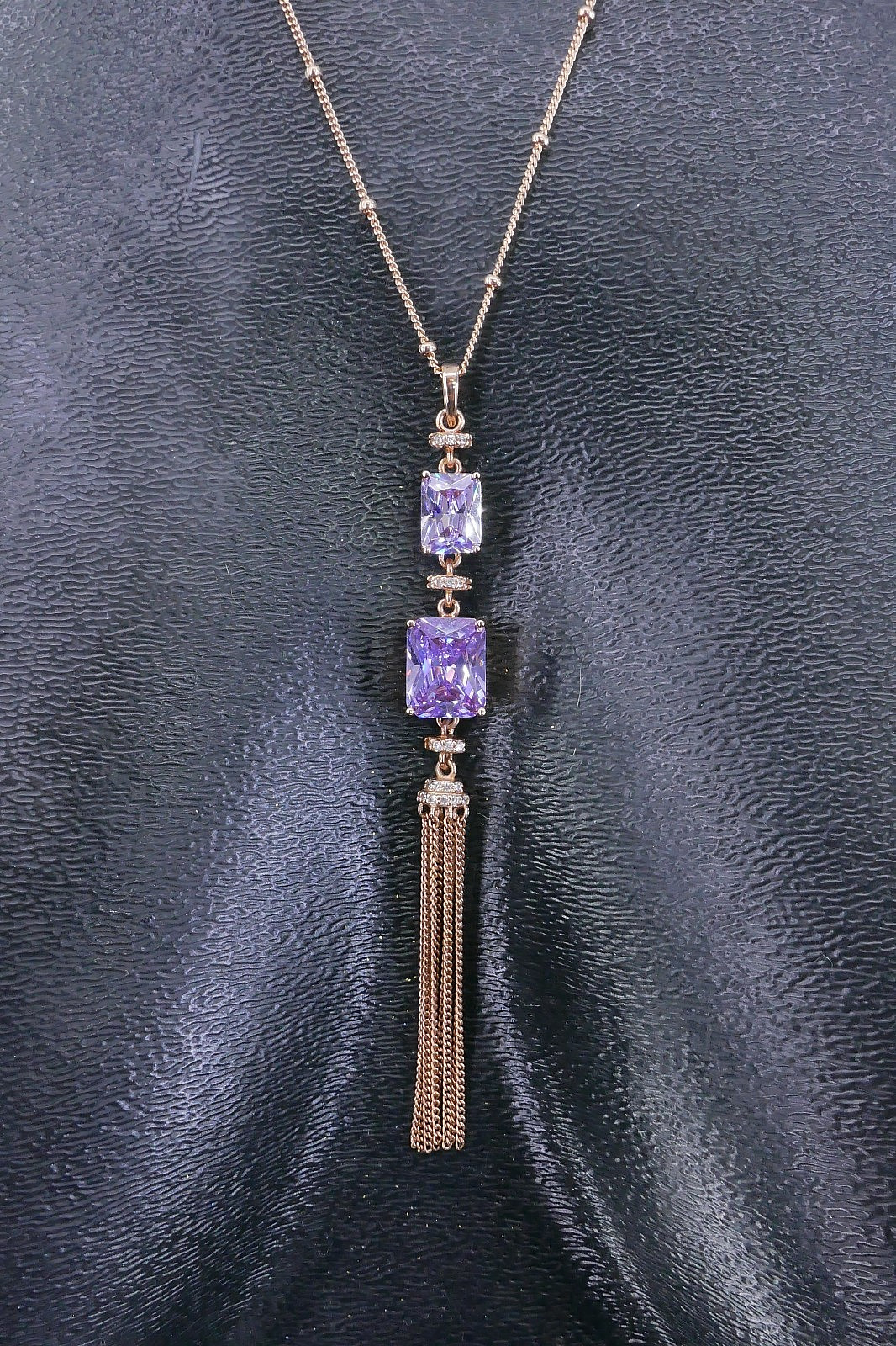 VANNA K BoHo AMETHYST CZ SPACER ROSE GOLD VERMEiL TASSLE BALL CHAiN 21″ NECKLACE