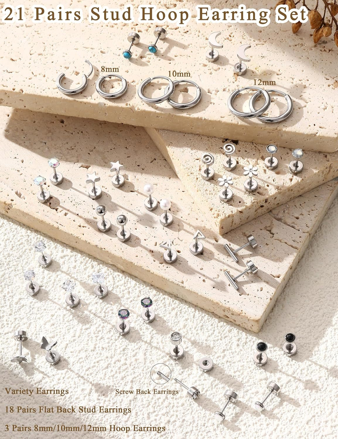 21Pairs Surgical Steel Flat Back Earrings Hypoallergenic 20G Screw Back Nap Stac