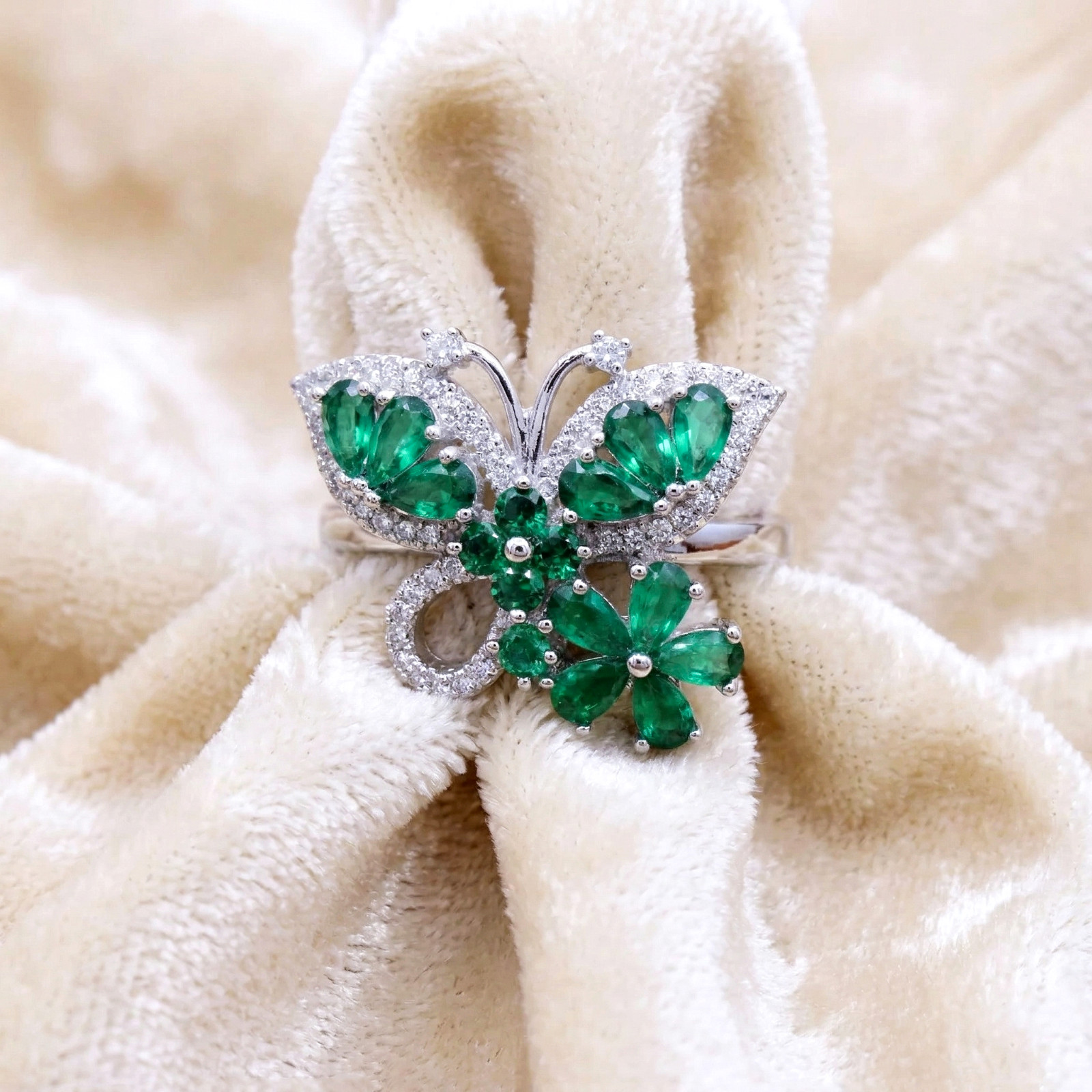 925 Sterling Silver Lab Created Emerald Butterfly Ring, Floral CZ Statement Ring