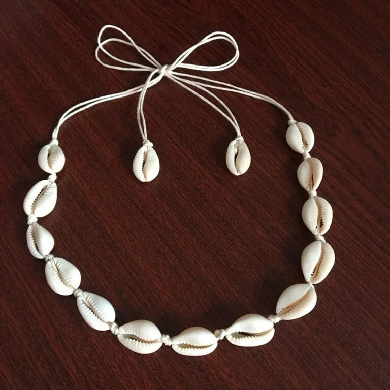Cowrie Shell Choker Boho White String Necklace Surfer Beach Conch Puka, Hawaiian