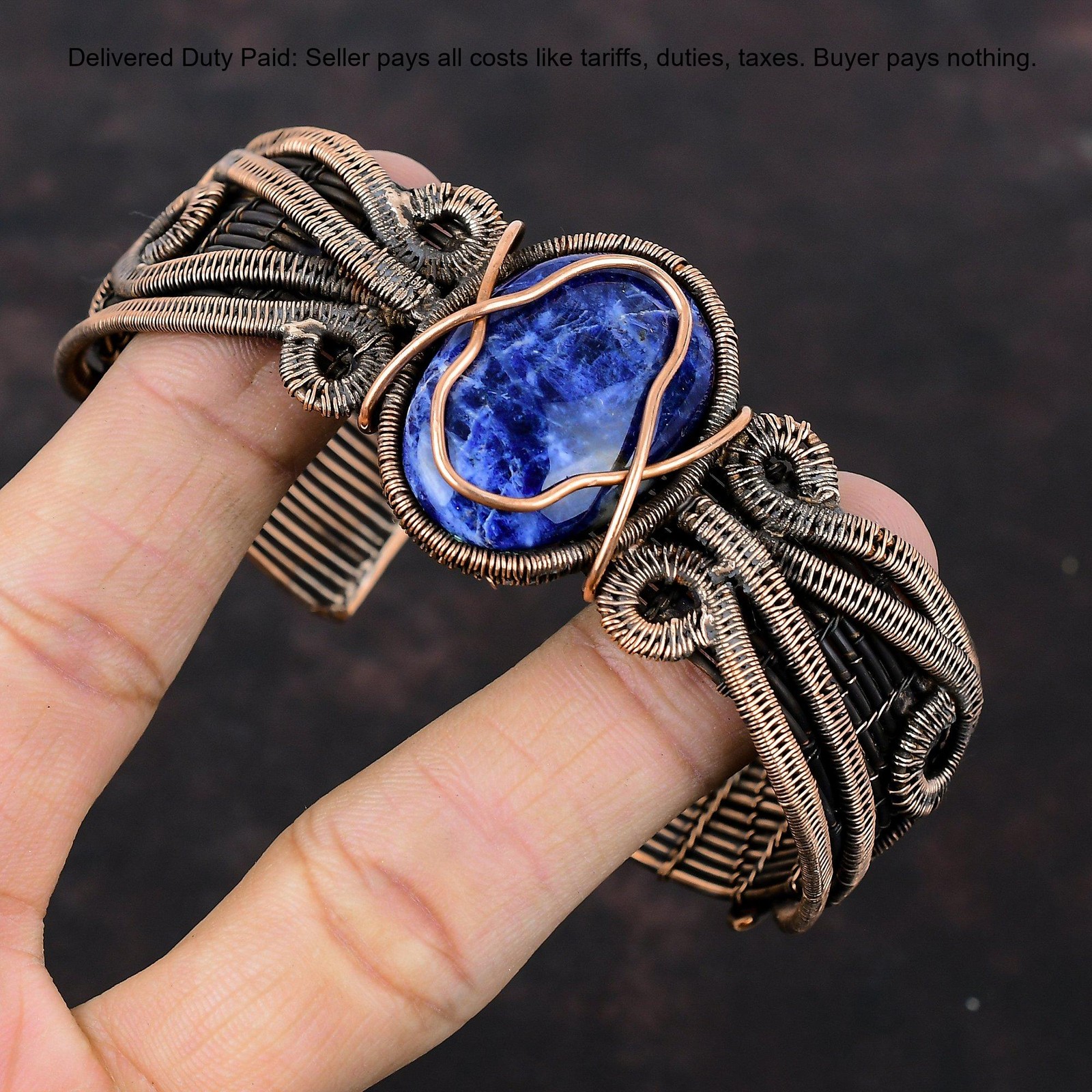 Oval Third Eye Chakra Sodalite Gemstone Boho Wire Wrapped Bangle Jewelry Copper