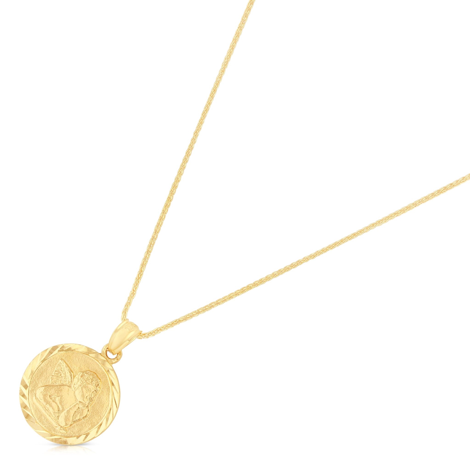 14K Yellow Gold Angel Charm Pendant with 0.9mm Wheat Chain Necklace
