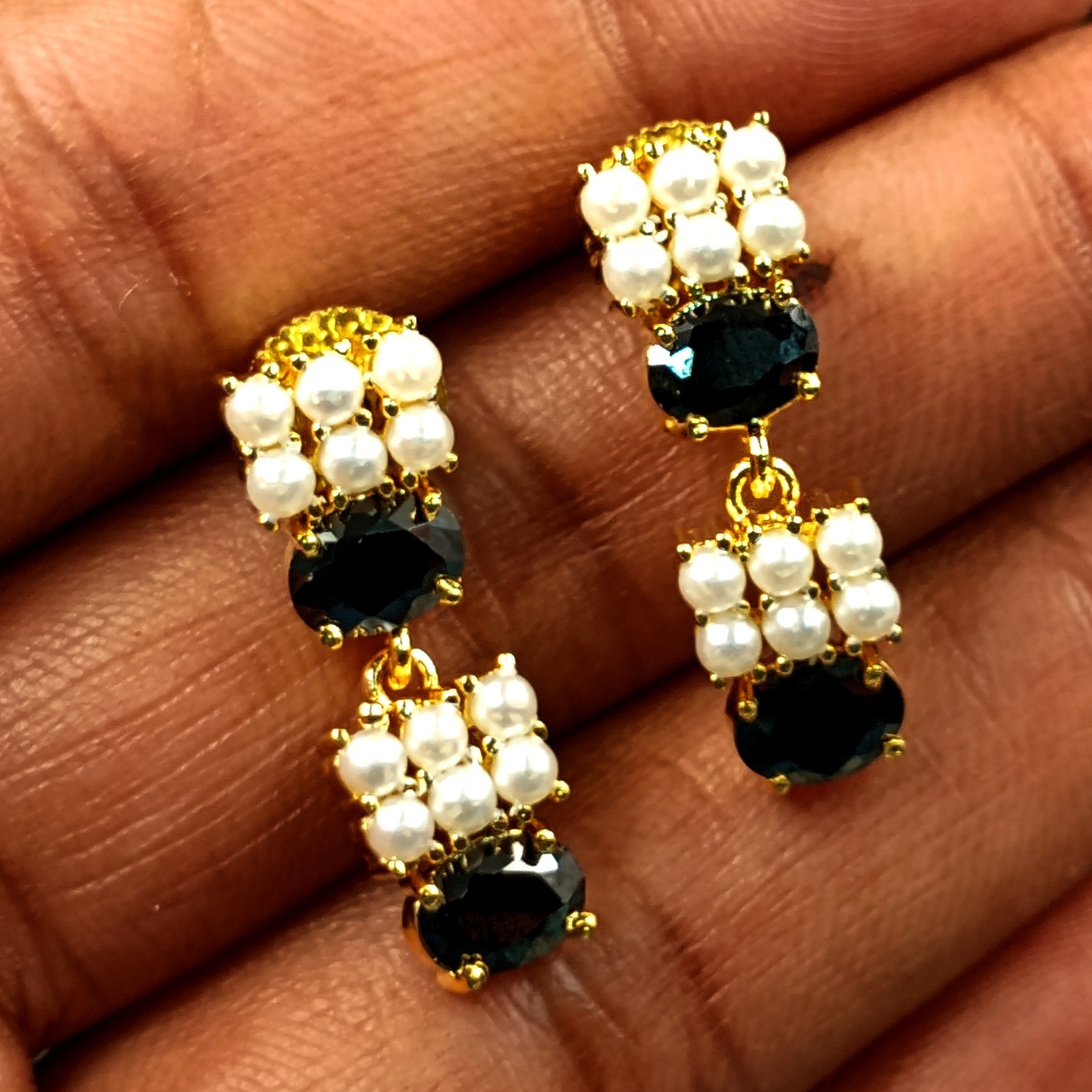 22k Gold Plated Black Onyx Choker Necklace Set Pearls Indian Temple Festival New