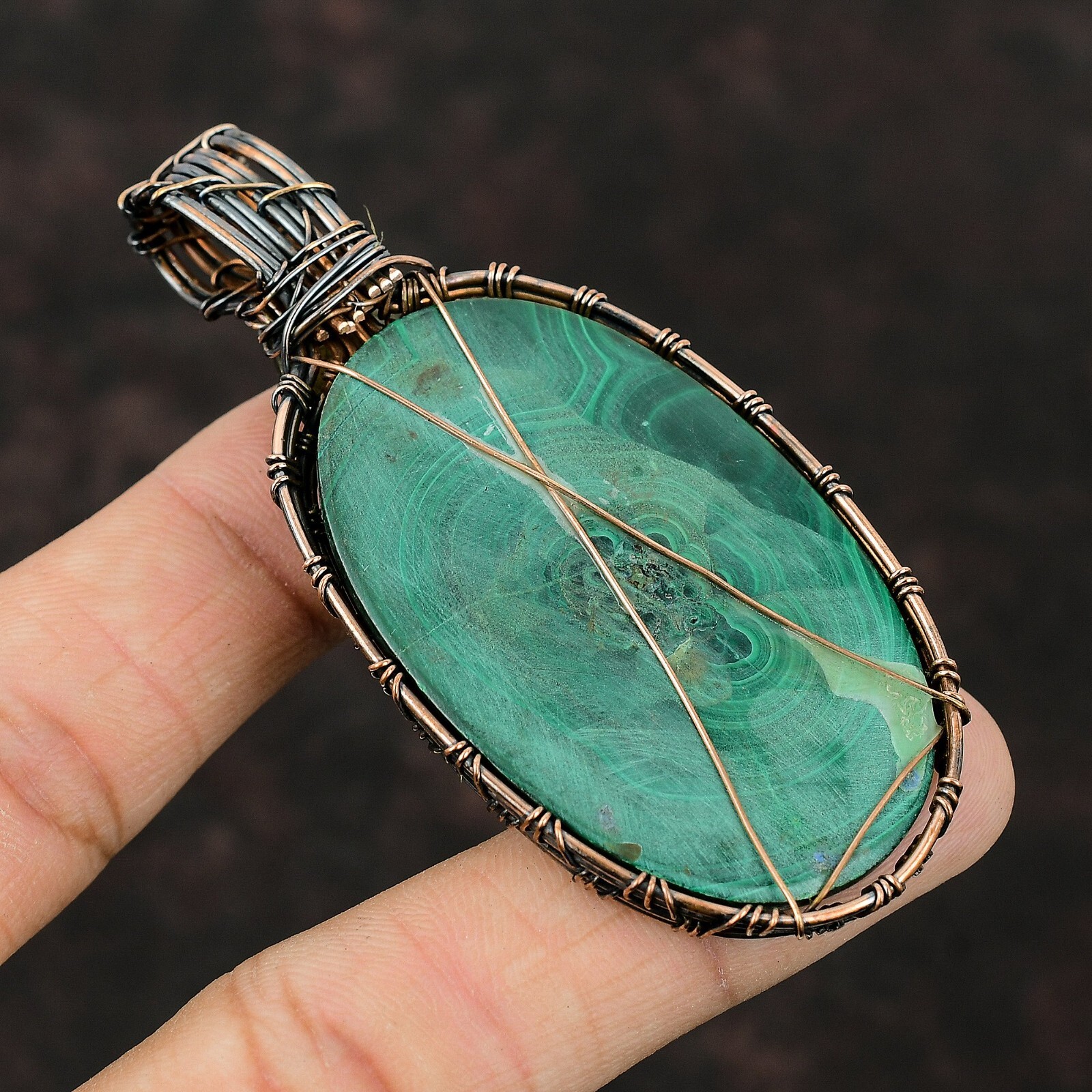 Gift For Her Russian Malachite Wire Wrapped Pendant Copper Jewelry 3.15″