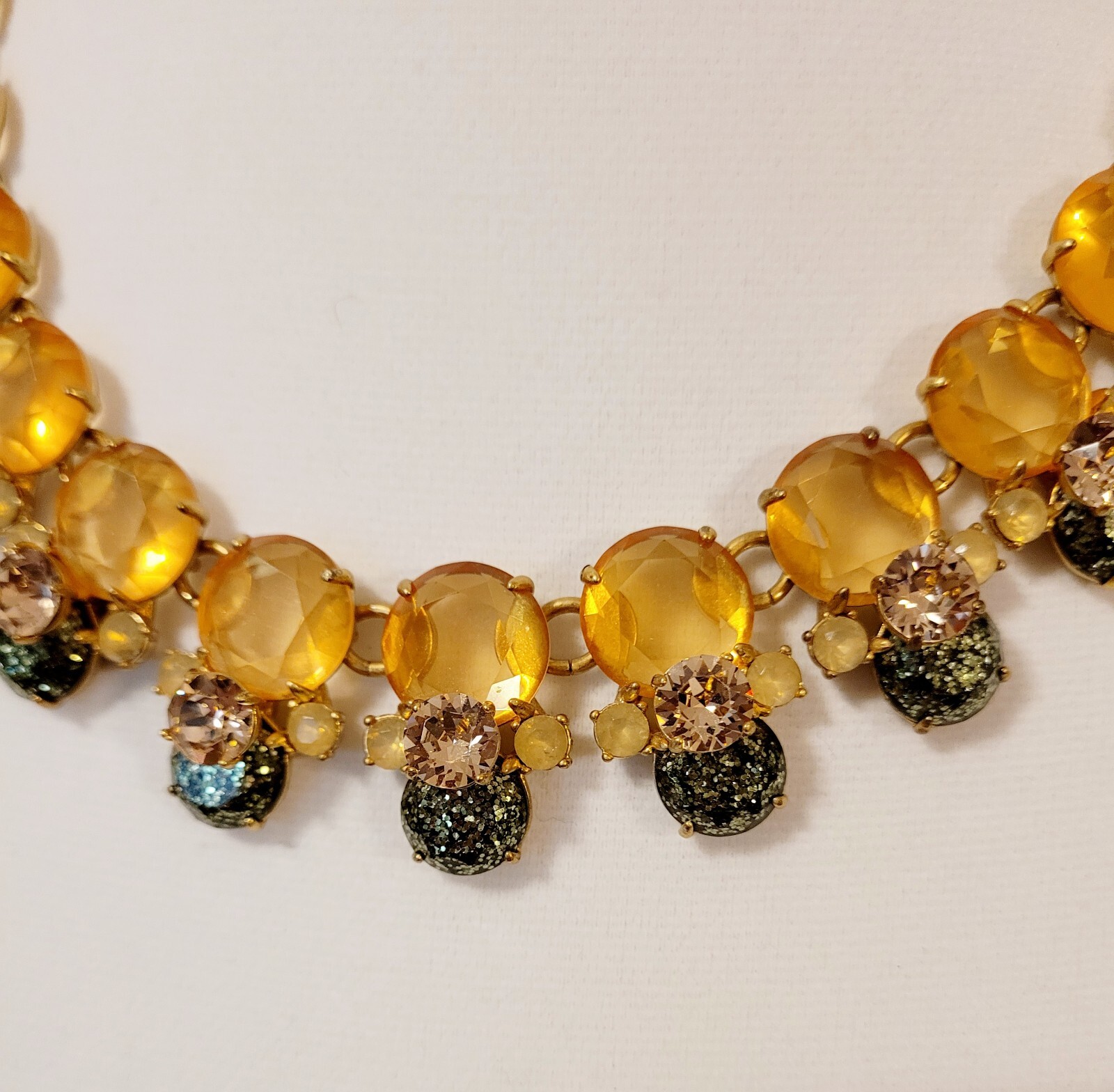 J Crew Faceted Rhinetone Yellow Gold Pinkish Blue Green Confetti Style Necklace