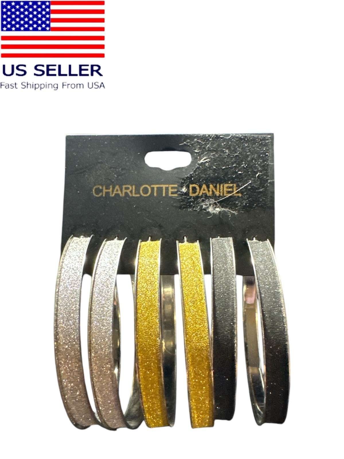 Charlotte Daniels Women 3 Pair Hoop Earring Shimmery Black Gold Silver new