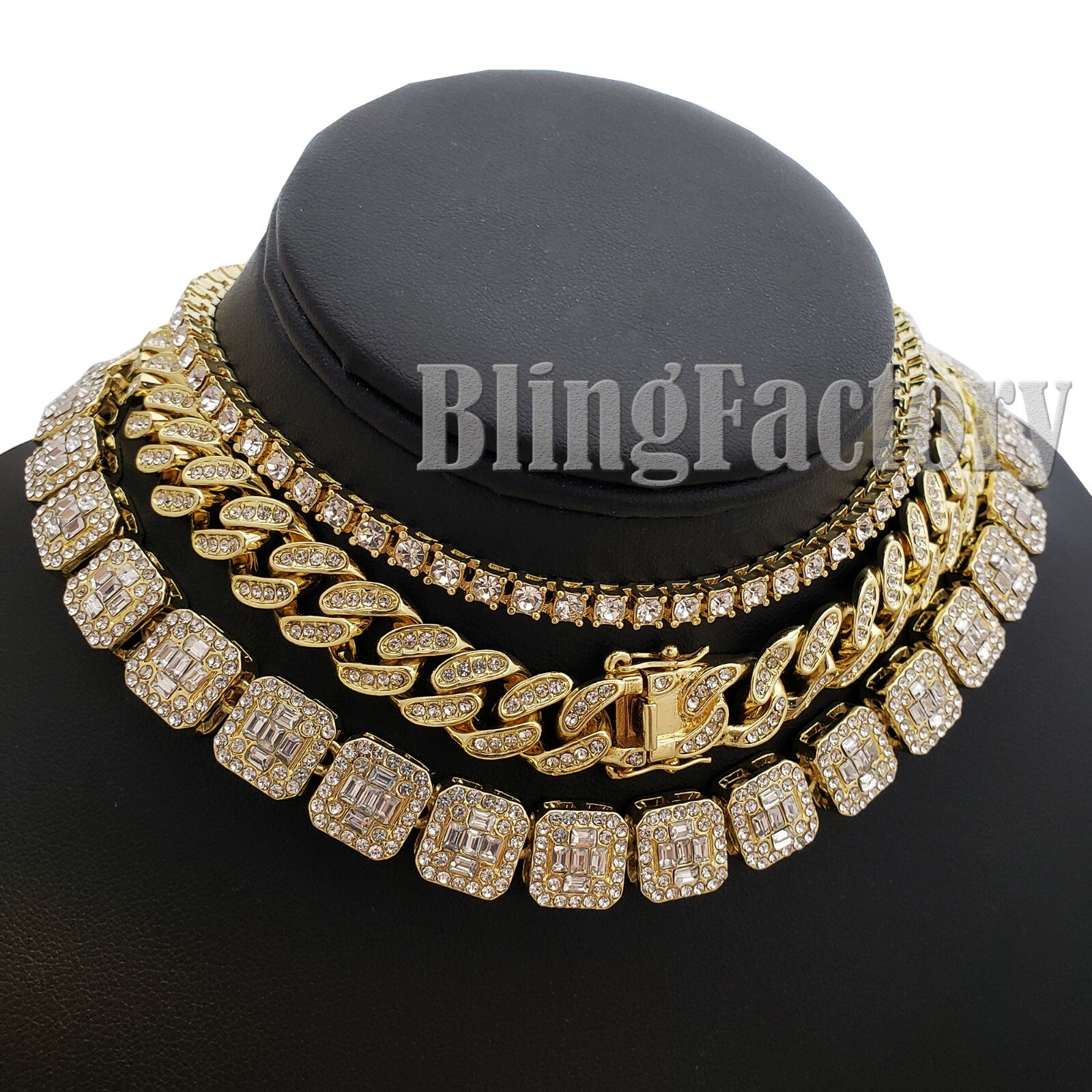 Hip Hop Iced Gold PT 18″ Cuban & 1 Row Tennis Choker Chain Bust Down Necklace