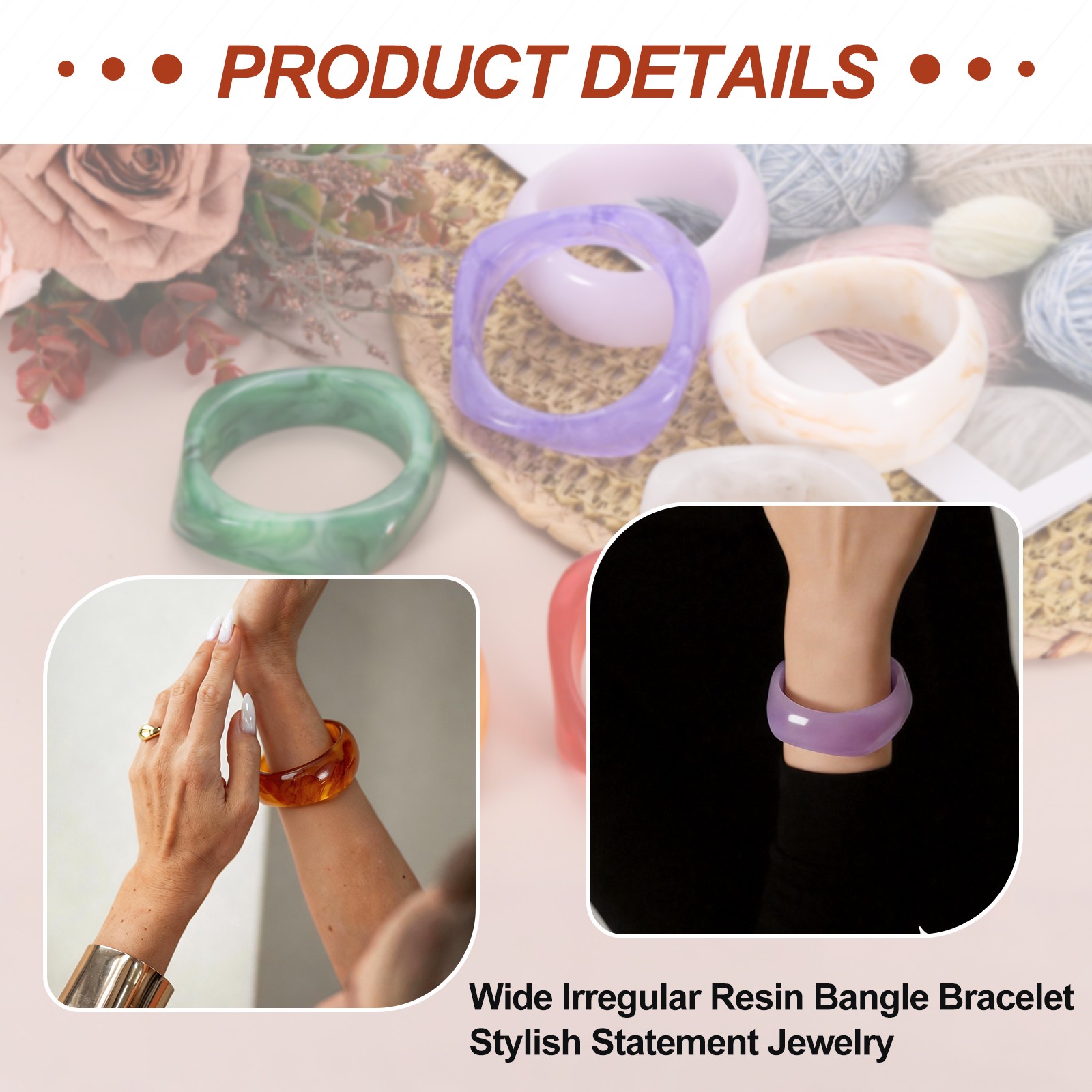 Acrylic Resin Bracelet Chunky Vintage Cuff Wide Geometric Bangles, Dark Brown