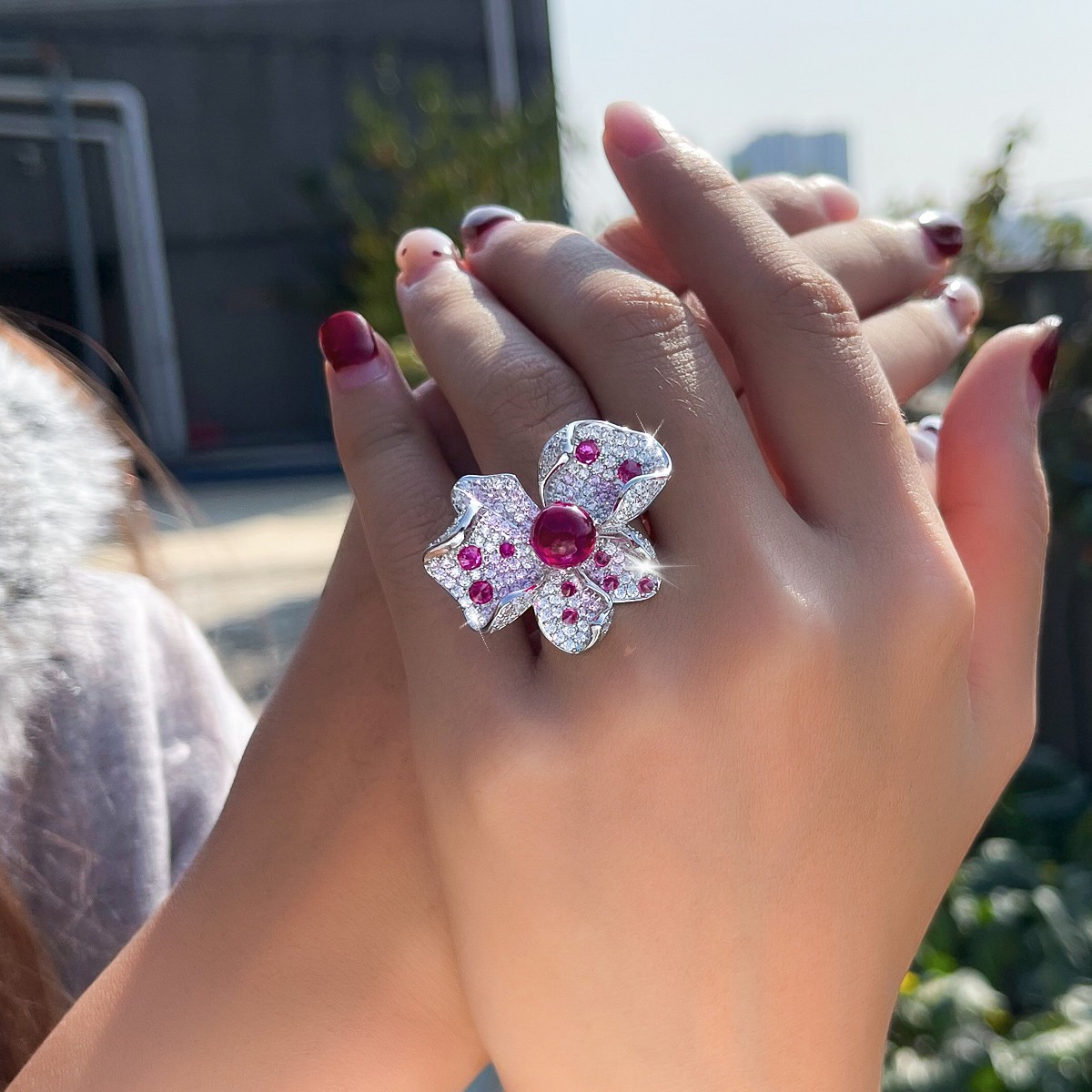 Pretty Big Flower Adjustable Ring Silver Plated Cubic Zirconia Women Bridal Gift