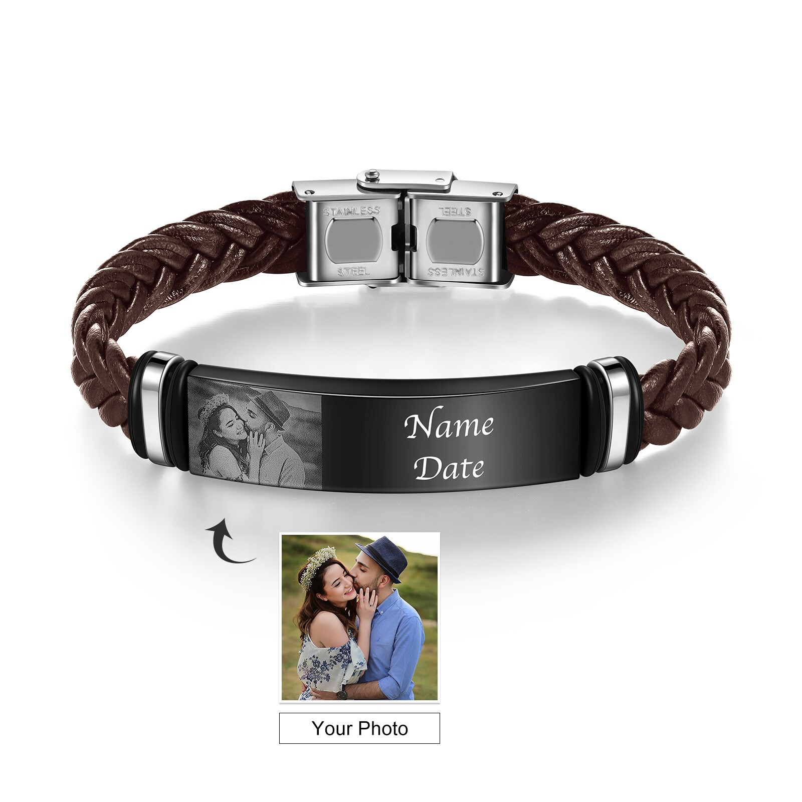 Custom Engraved Photo Bracelet – Engrave Name/Date Choice: Black, Brown or Gray