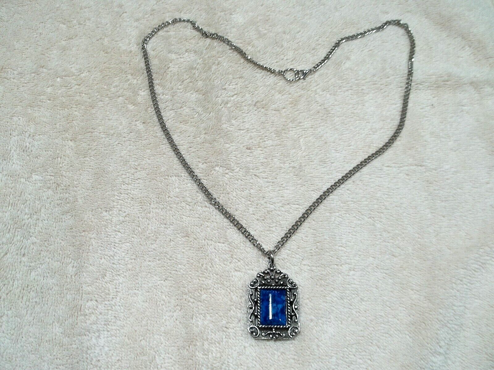 Blue Marble Acrylic Stone Reversible Pendant, Silver Tone Metal, Nicely Detailed