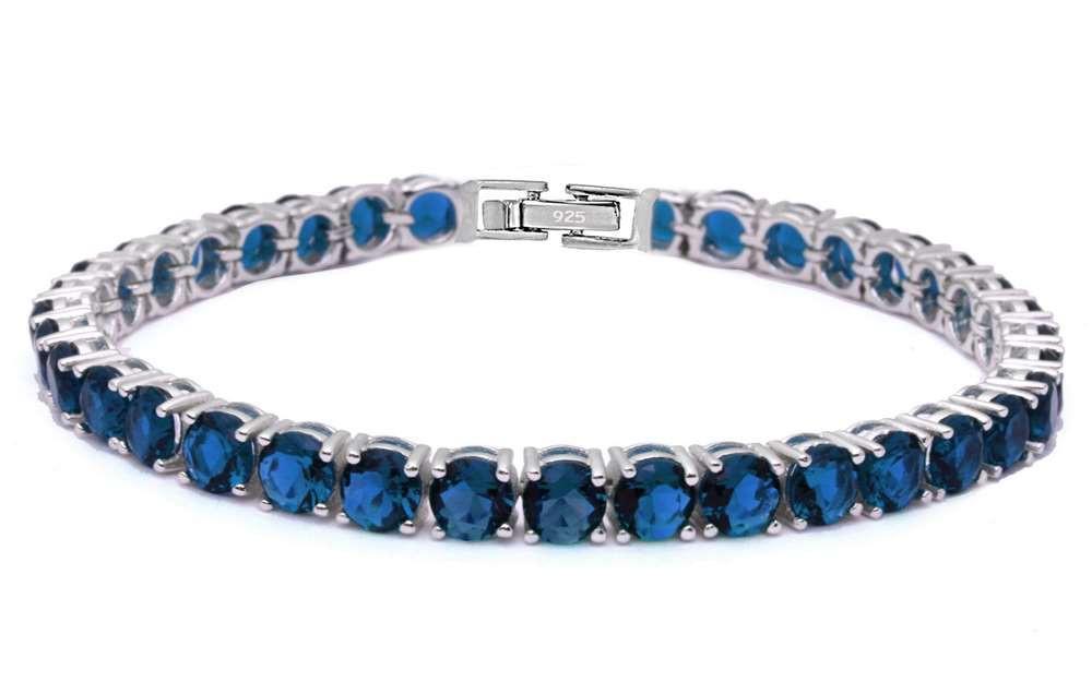 Solitaires 4.5MM Round 14.5CT Blue Sapphire .925 Sterling Silver Bracelet