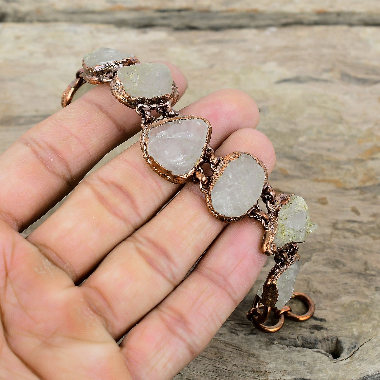 Rainbow Moonstone Rough Copper Love Gift Electroformed Adjustable Bracelet 6.0″