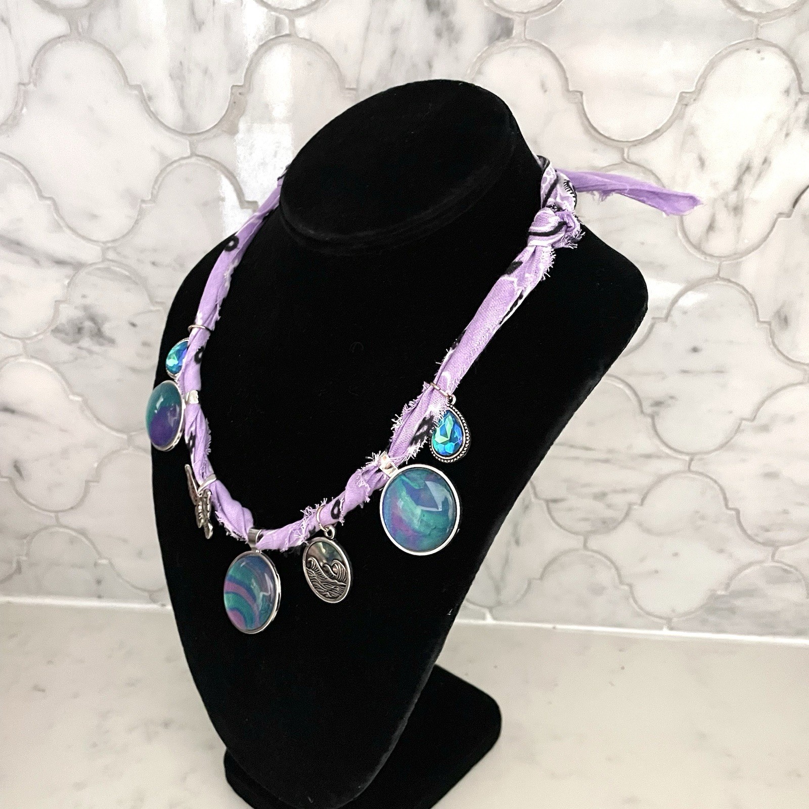Fluid Art Paint Pour Handmade Charm Bandana Necklace Purple, Teal