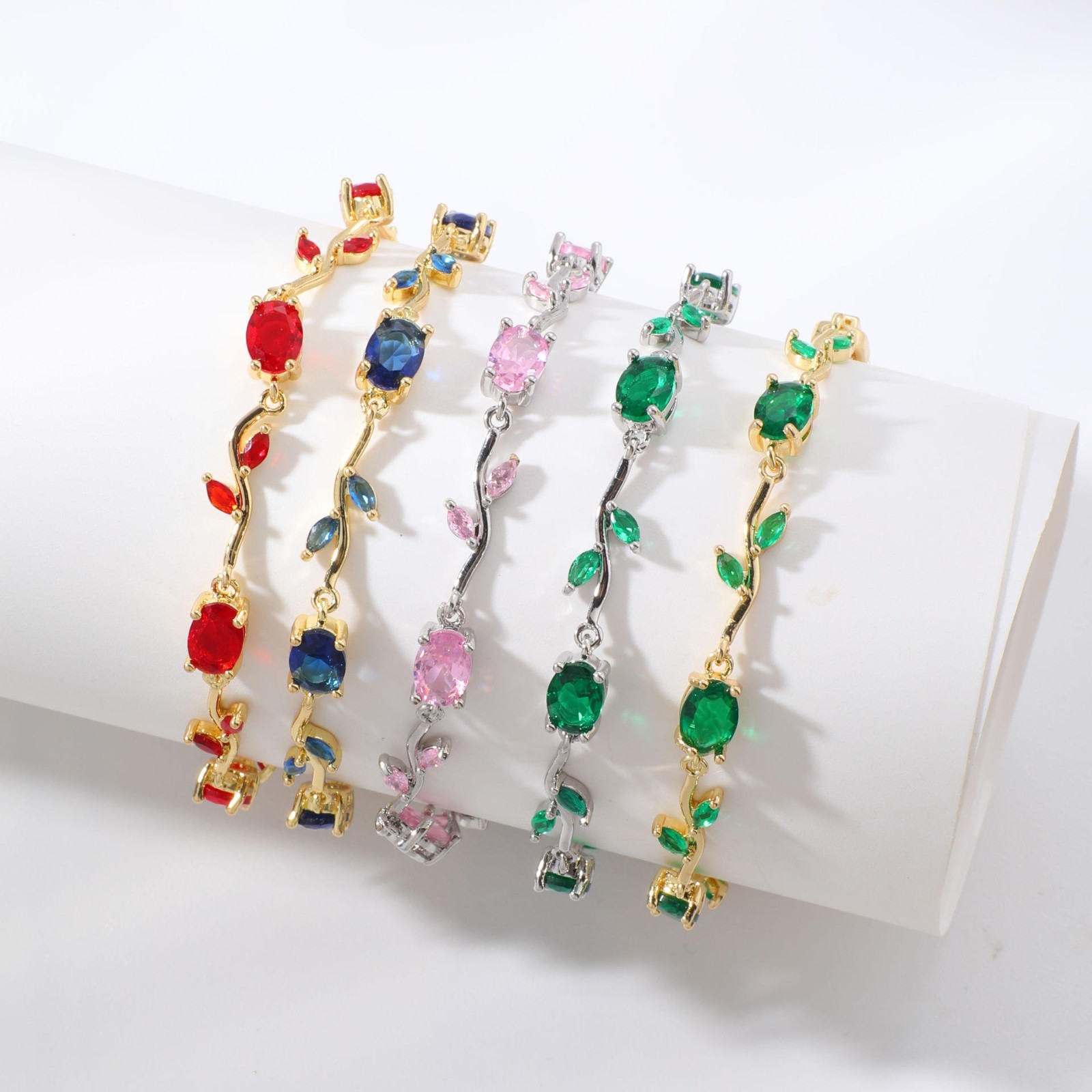 Oval Cut Pink Sapphire Gold Plated Bracelet Leaf Vine Chain Elegant Women’s Gift