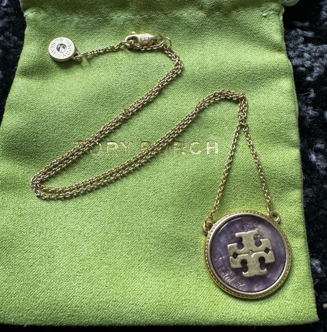 Tory Burch Gold Plated Round Logo Medal Pendant Cable Chain Necklace Purple