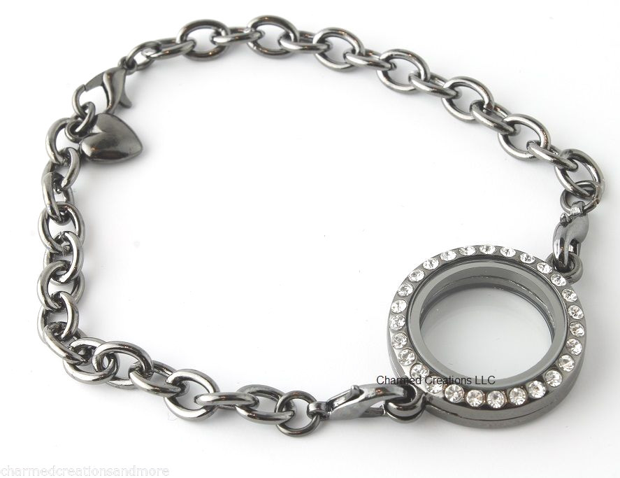 Floating Charm Locket Bracelet Black SECURITY CLASP Crystal 25mm Gunmetal Round