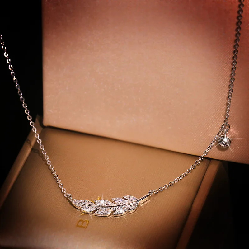 Feather Leaf Pendant Necklace 925 Sterling Silver Micro Pave Women Jewelry