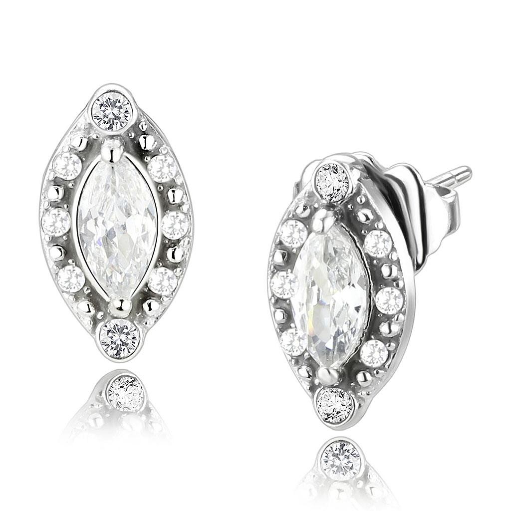 High Polished Stainless Steel Marquise Halo Clear CZ Earrings
