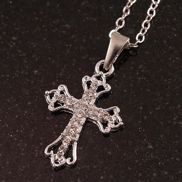 Small Crystal Cross Pendant with Silver Tone Chain/42cm Long/ 5cm Extender