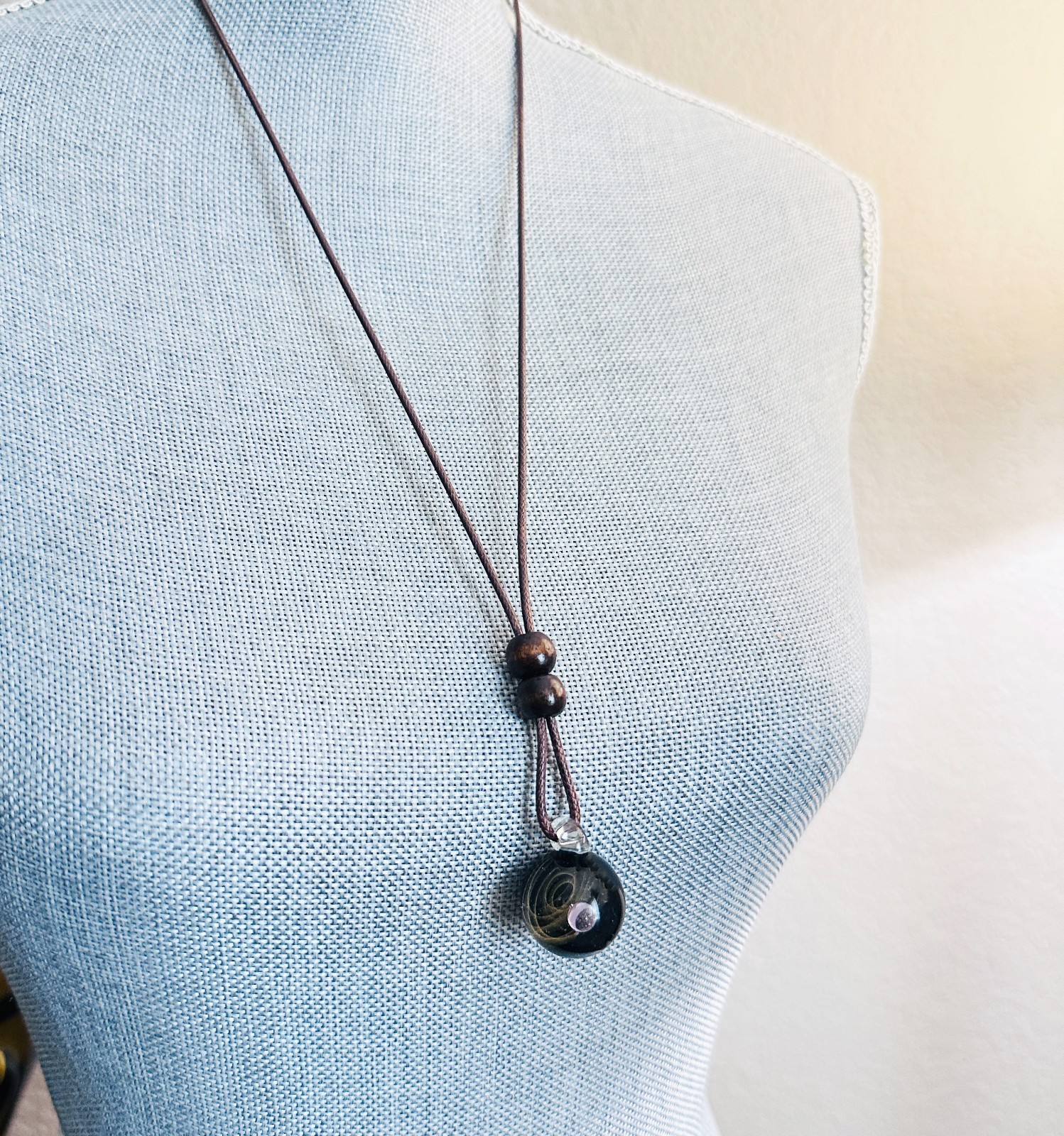 Galaxy Cosmic Sphere Glass Lampwork Pendant w/Long Brown Cord Necklace