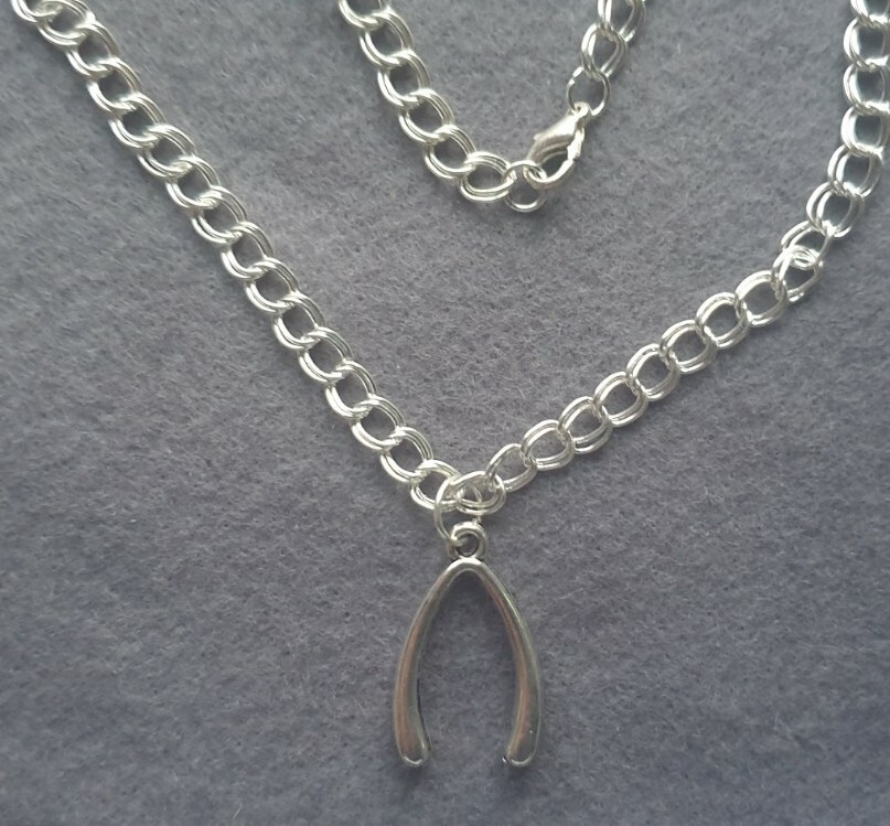 Silver Plated 18″ Double Link Curb Chain ~ Wishbone Charm ~ Gift Wrapped