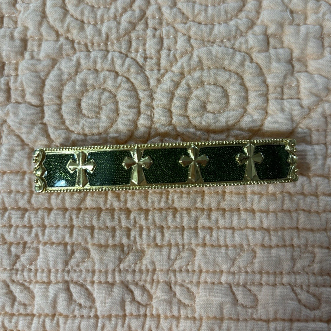 1928 Brand Green Enamel Gold Cross Barrette Religious