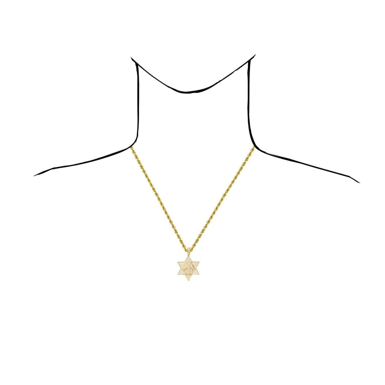 14K Yellow Gold Simulated Diamond Pave Star David Hamsa Hand Charm Pendant 1.8″