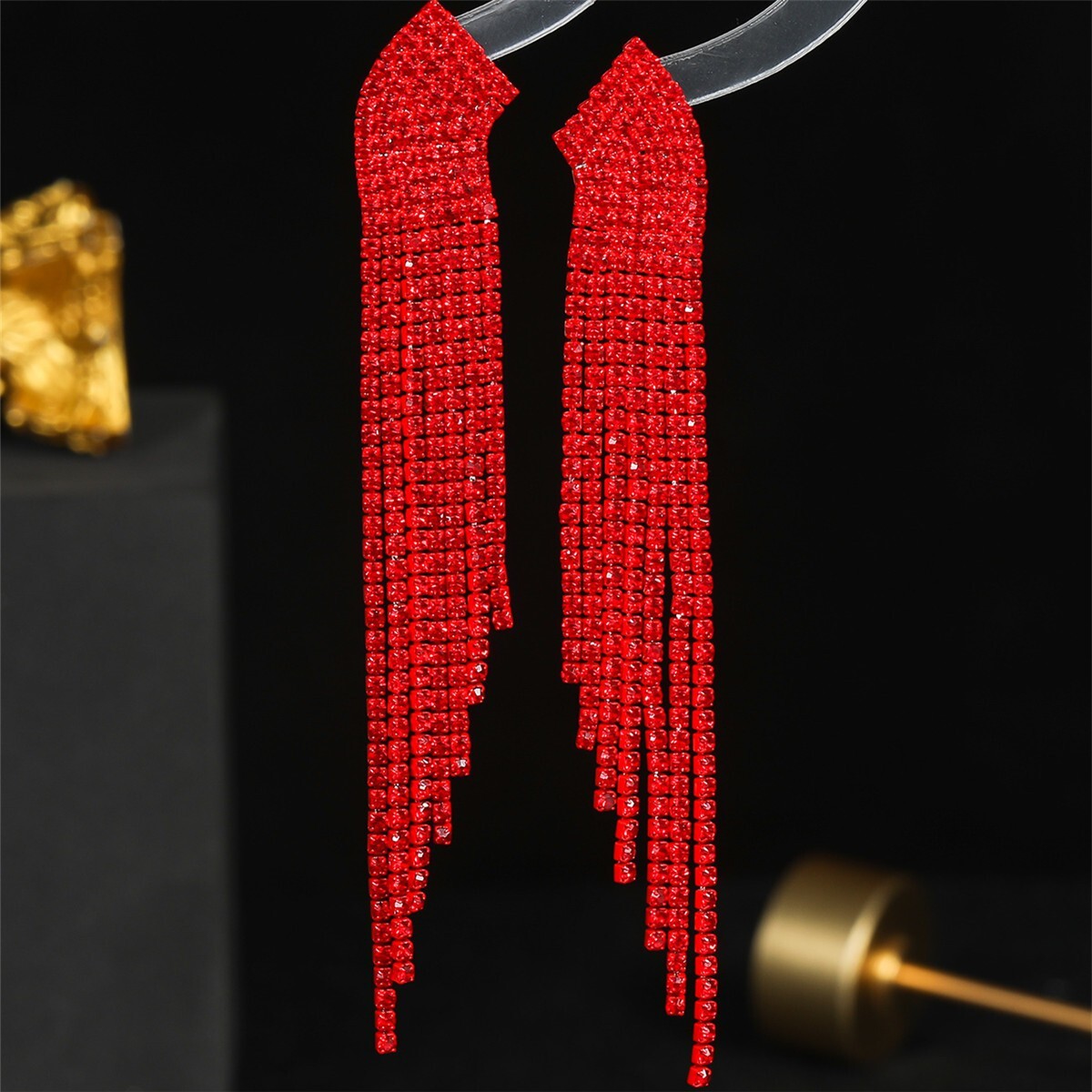 Long Red Dangle Drop Rhinestone Earrings Prom Wedding Pageant Holiday Party