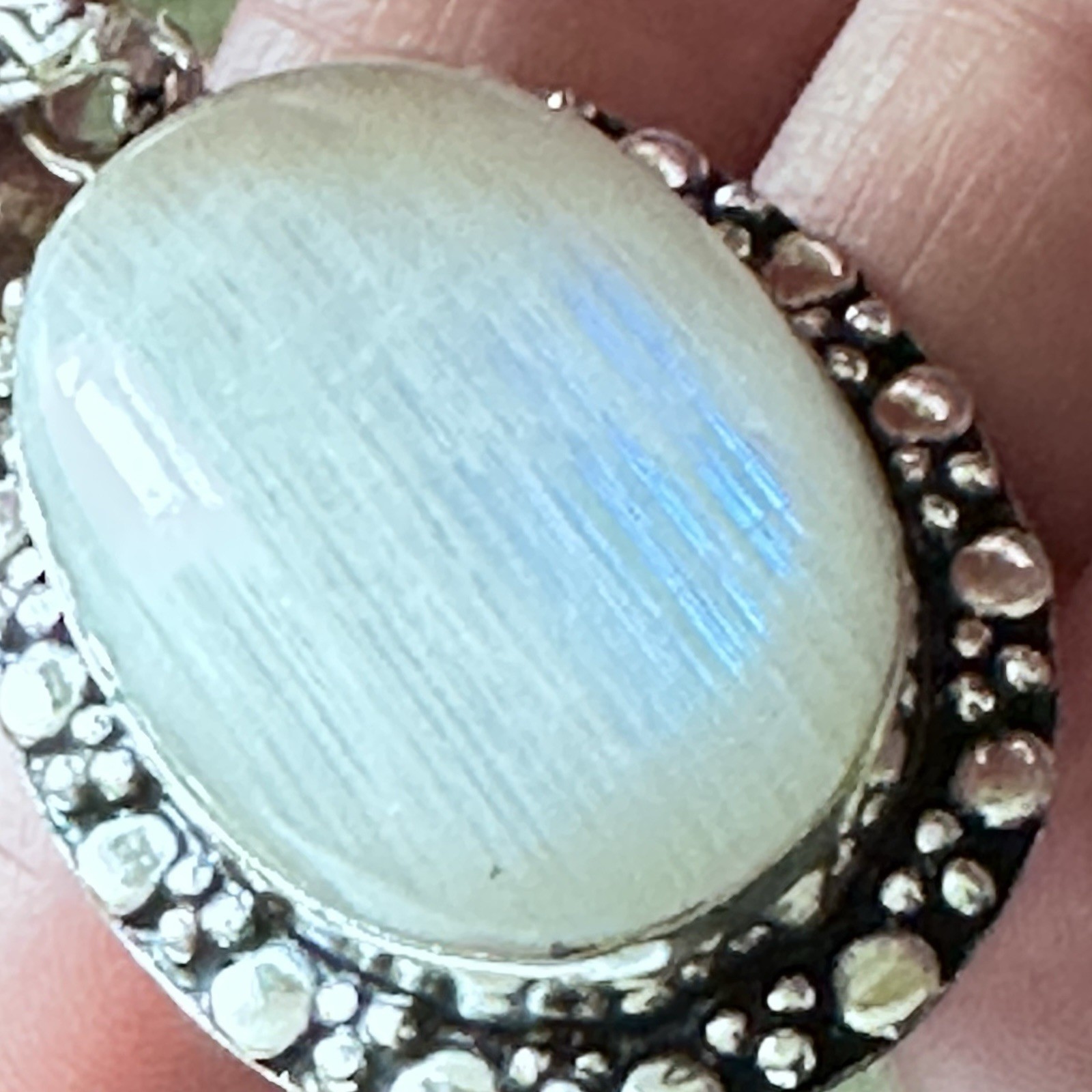 Rainbow Moonstone Blue Flash Pendant High Polished Silver Tone Bezel Gemstone