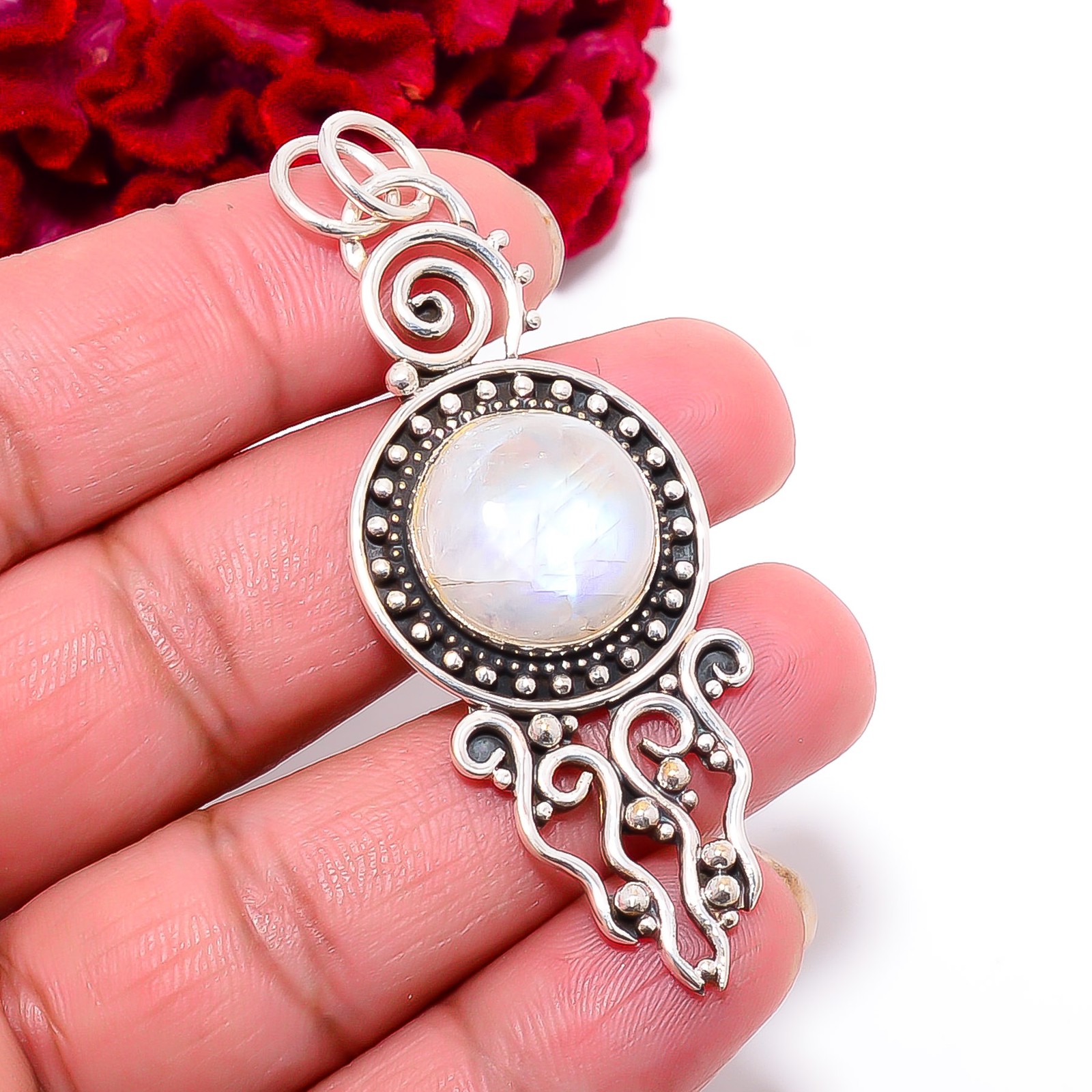 Rainbow Moonstone – India Handmade 925 Sterling Silver Pendant 2.54″ P32