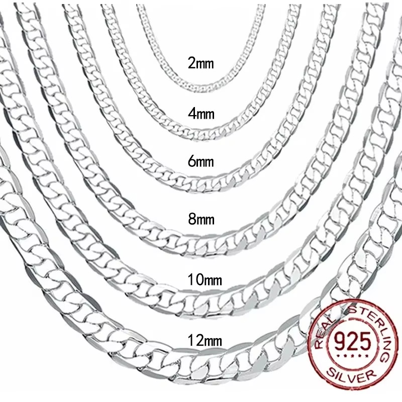 925 Sterling Silver Curb Chain Necklace 2-12mm 40-75cm Men Women Gift