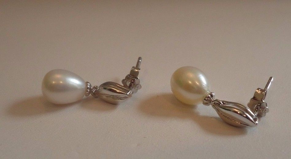 LADIES DESIGNER DANGLING MARQUISE SHAPE PEARL STUD EARRINGS 925 STERLING SILVER