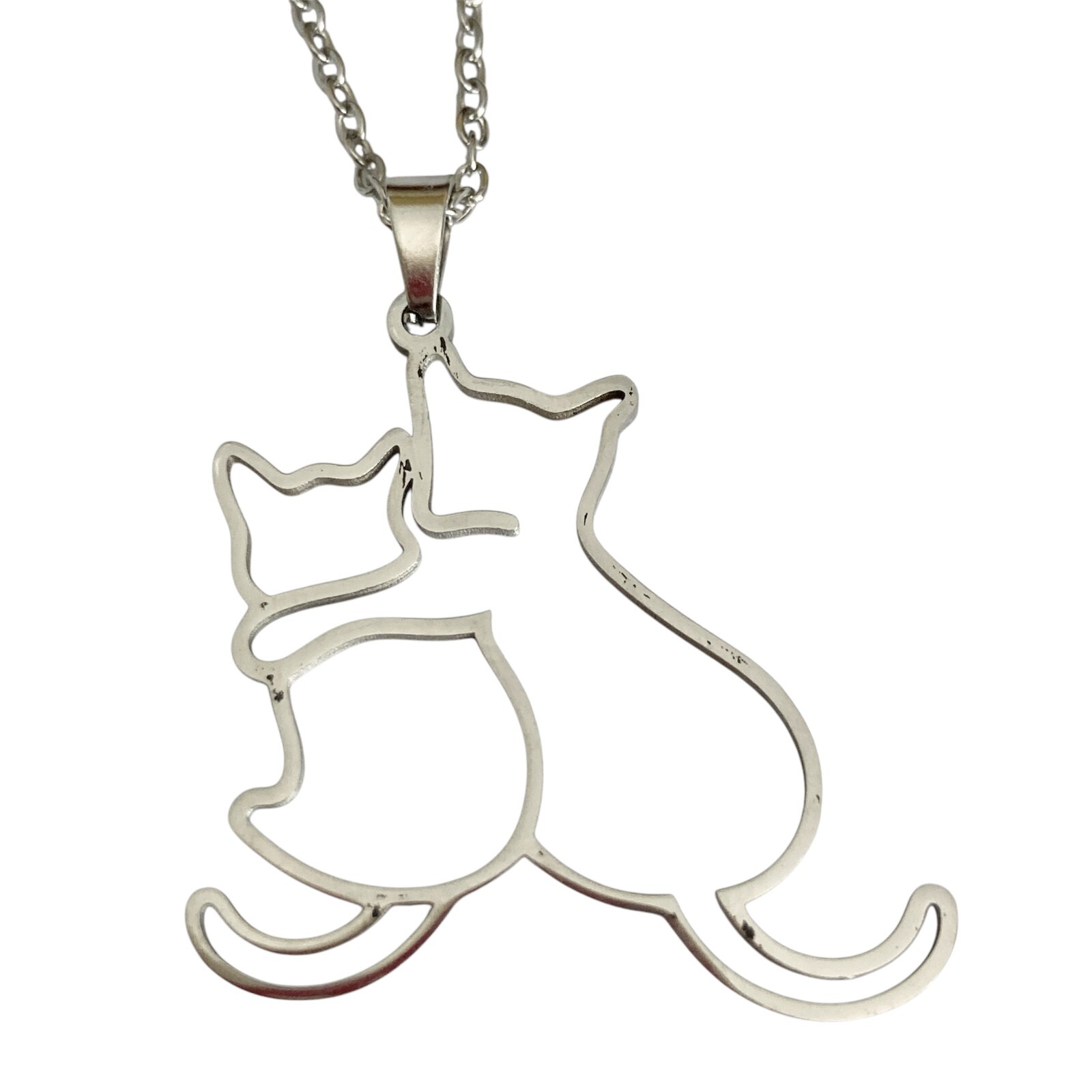 Two Cats Charm Pendant Necklace 17-19″ Chain Stainless Steel Cat Lady Silhouette