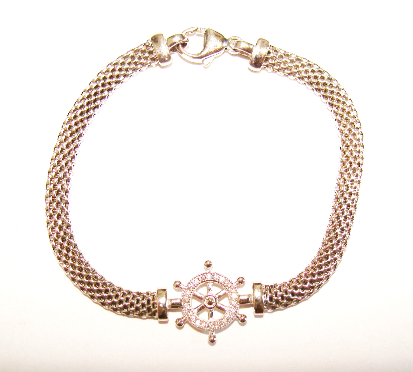 EJI Italy Sterling Silver 6.1g Ships Wheel Multi CZ Mesh Bracelet 7.25″