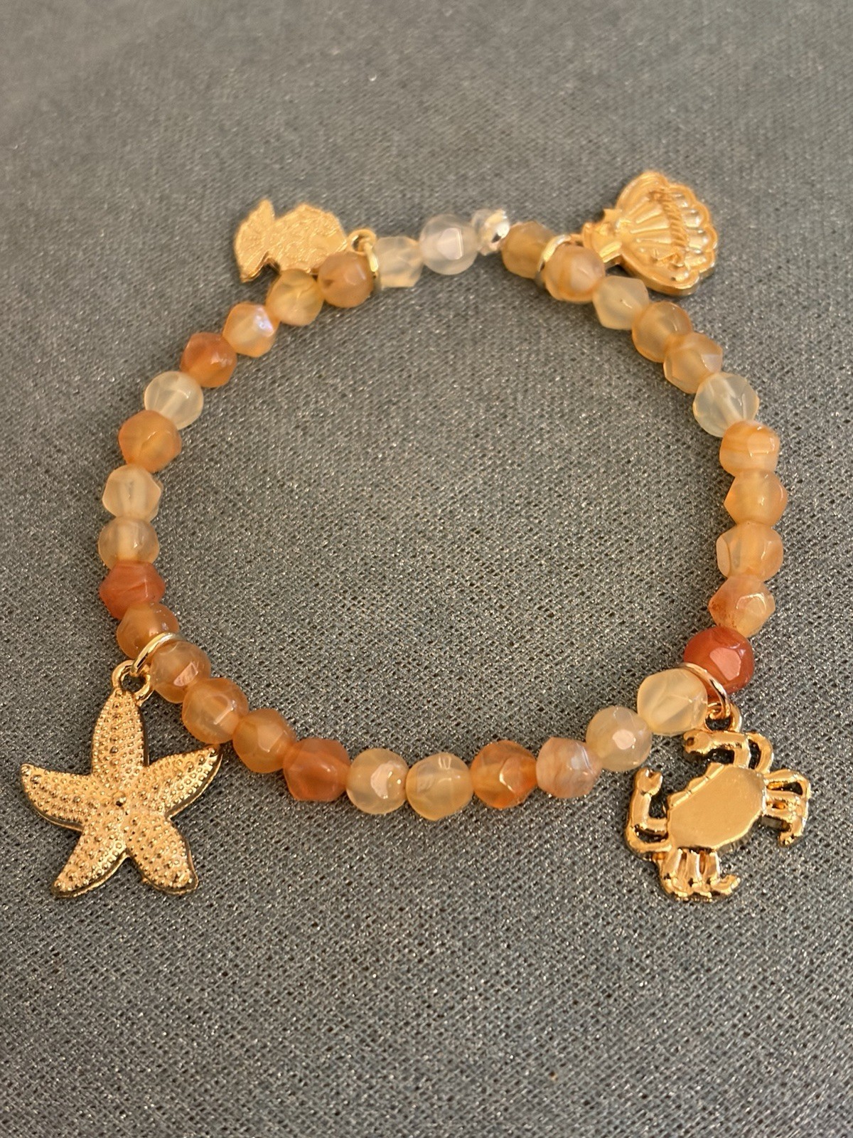 Multicolor Round Stone & Metal Beaded Charm Bracelet w/ Starfish Crab Shell