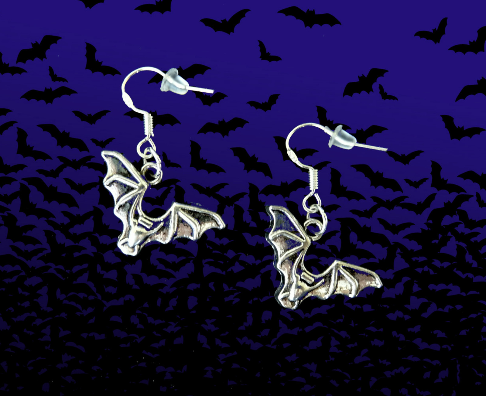 BUY 2 GET 1 FREE~SILVER BAT VAMPIRE DANGLE EARRINGS~SCARY SPOOKY HALLOWEEN GIFT