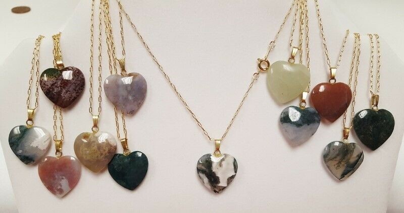 12 ASSORTED GENUINE GEMSTONE 20mm HEART PENDANT GOLD PLATED CHAIN NECKLACES V243