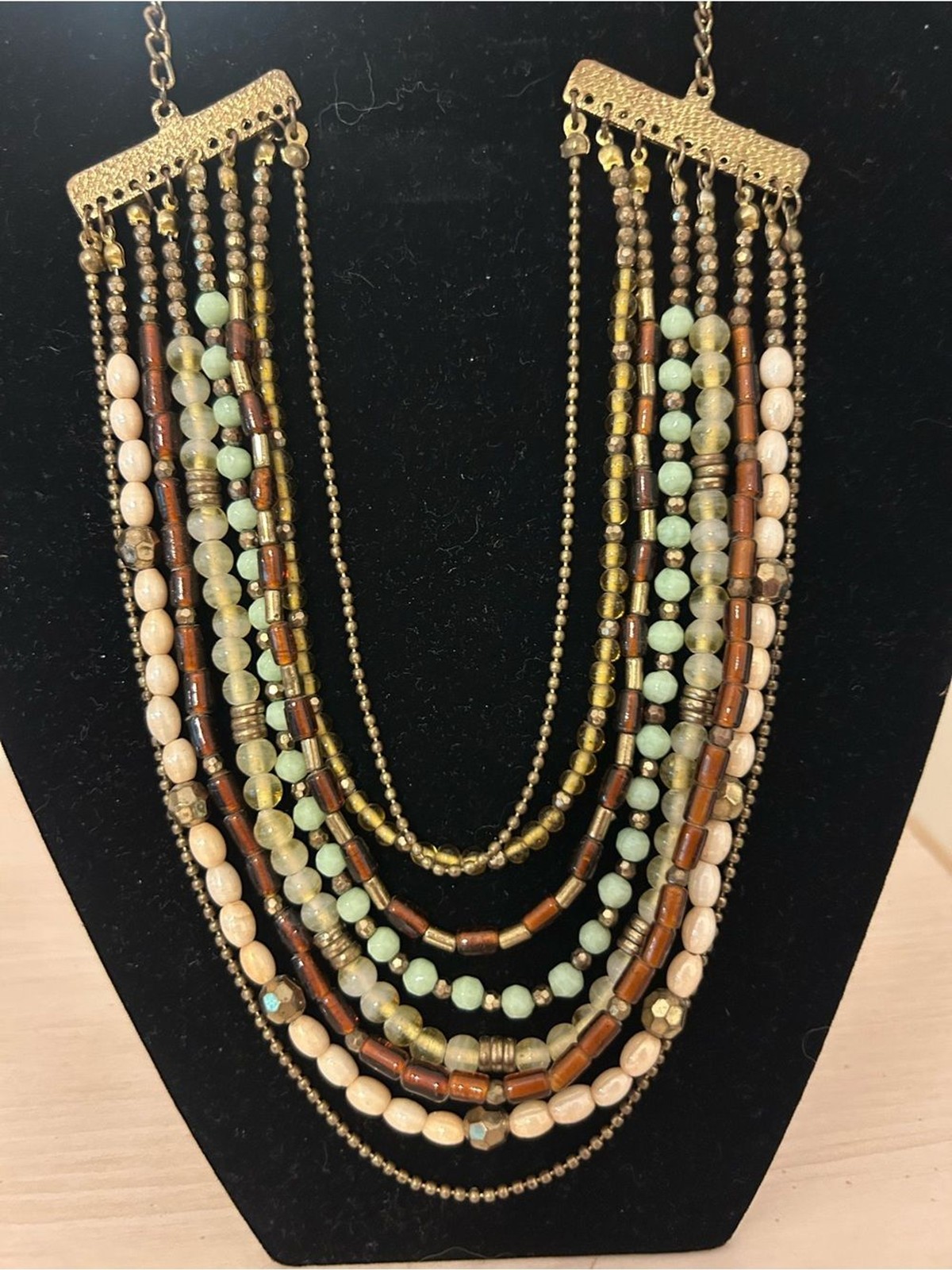 Boho Multi Strand Beaded Statement Necklace Bronze Tone Wood & Mint Green Beads