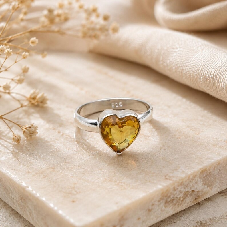 Heart Cut Citrine Ring | Yellow Gemstone Silver Ring | Heart Shaped Promise Ring
