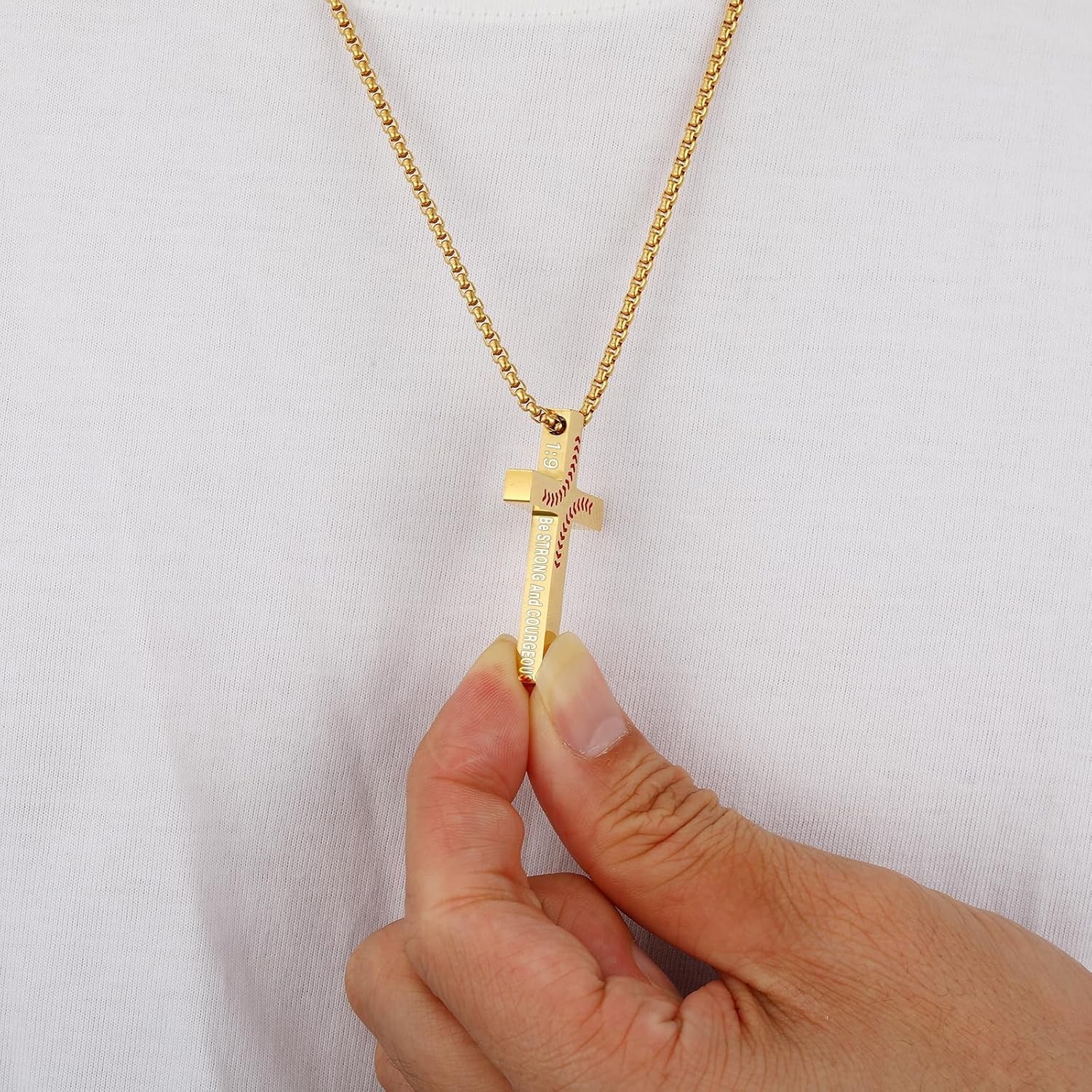 Baseball Bible Verse Cross Necklace for Boys – Gold Stainless Steel Pendant