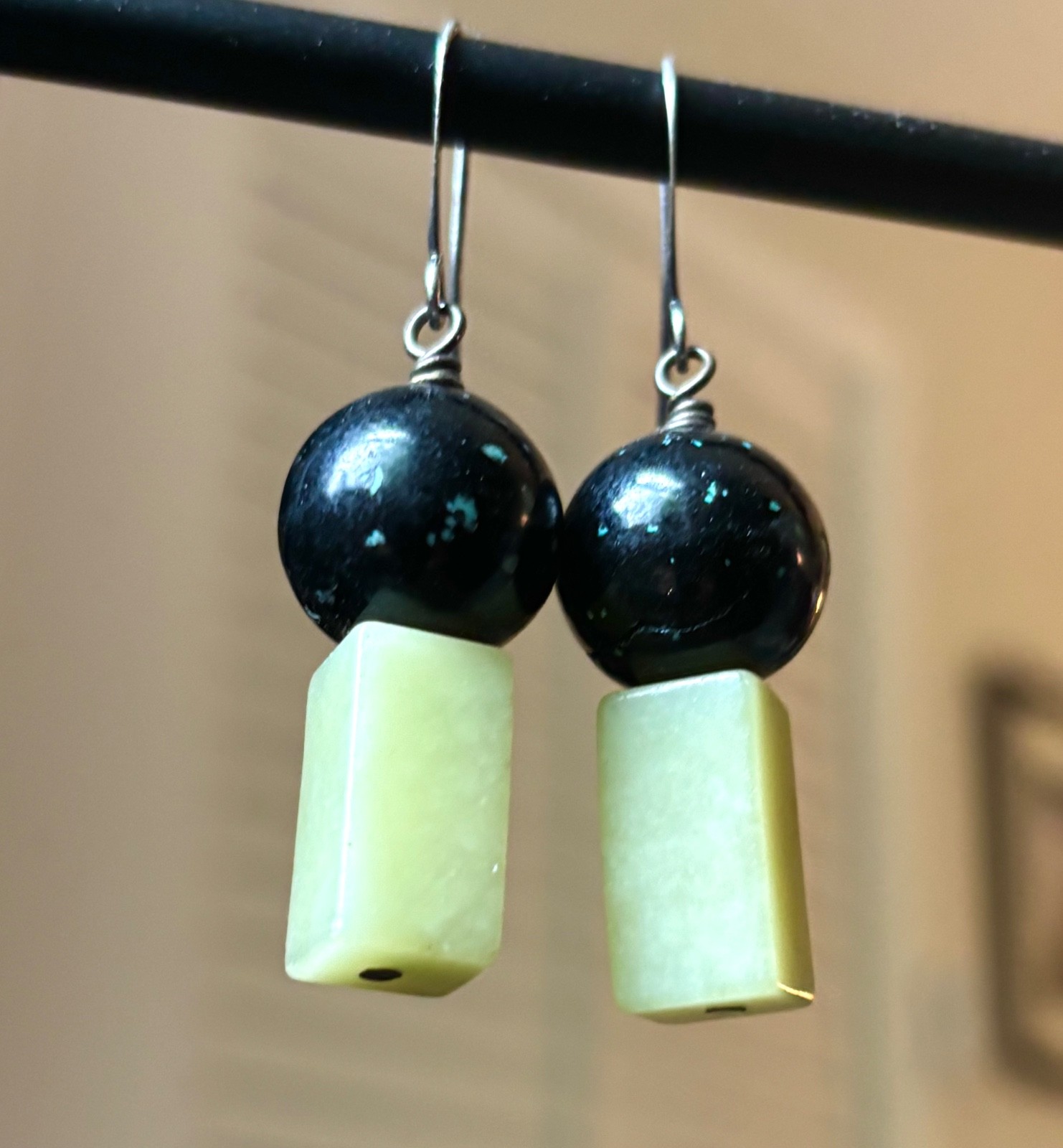 New Wave Black & Green Stone Earrings – Minimalist Memphis Milano Architectural
